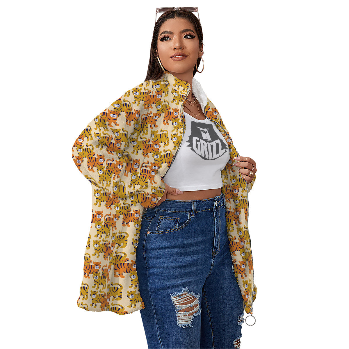 Tiger Cute Print Pattern Women's Sherpa Jacket-grizzshop