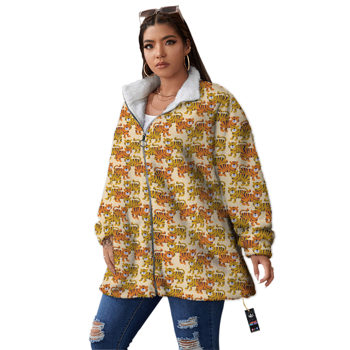 Tiger Cute Print Pattern Women's Sherpa Jacket-grizzshop