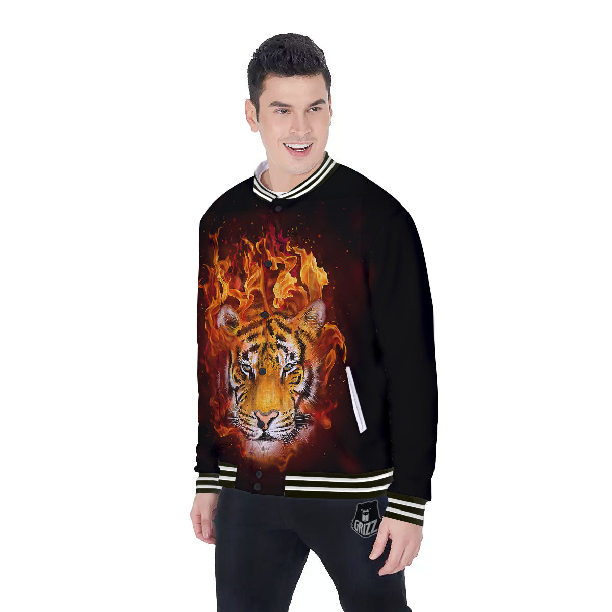 Tiger Flame Print Baseball Jacket-grizzshop