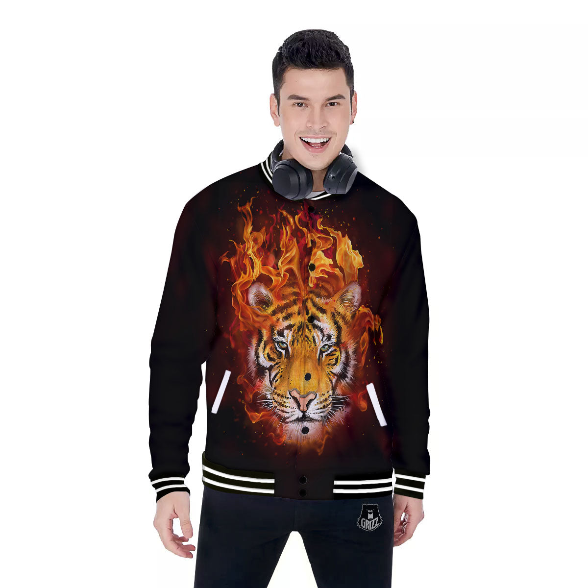 Tiger Flame Print Baseball Jacket-grizzshop