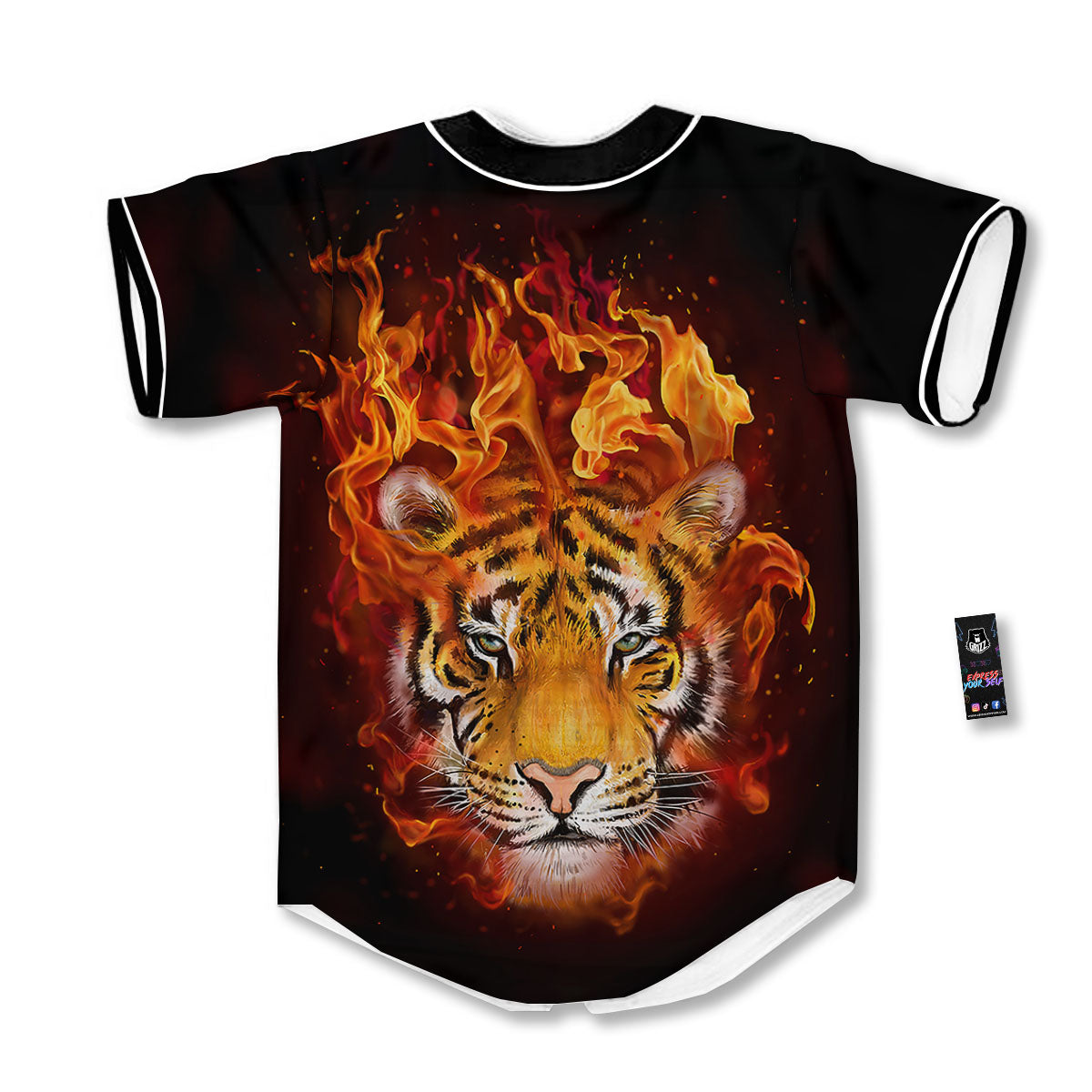 Tiger Flame Print Baseball Jersey-grizzshop