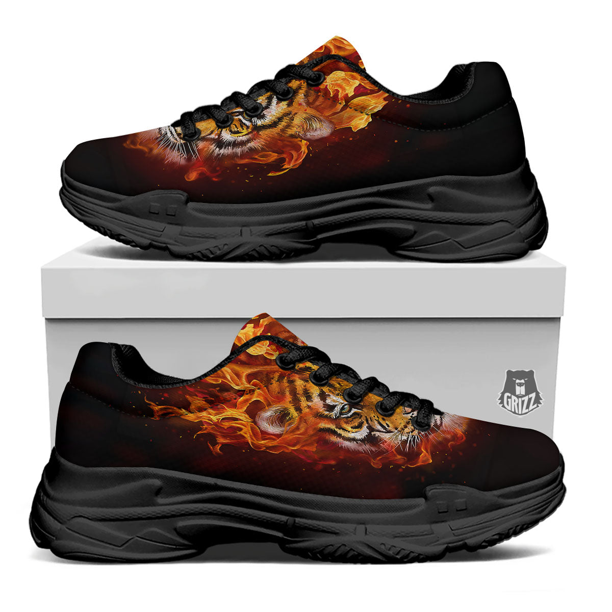 Tiger Flame Print Black Chunky Shoes-grizzshop