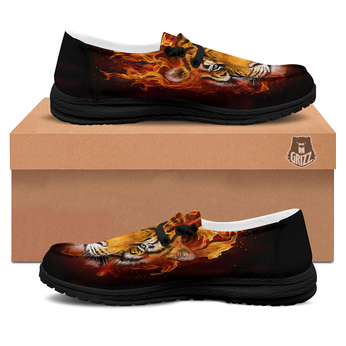 Tiger Flame Print Black Loafers-grizzshop