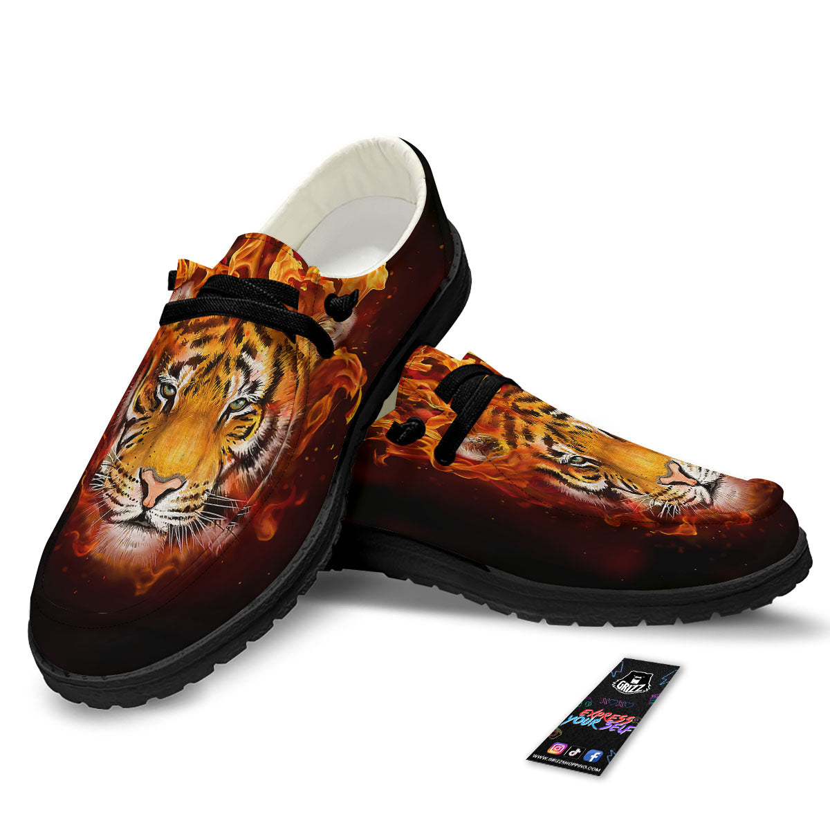 Tiger Flame Print Black Loafers-grizzshop