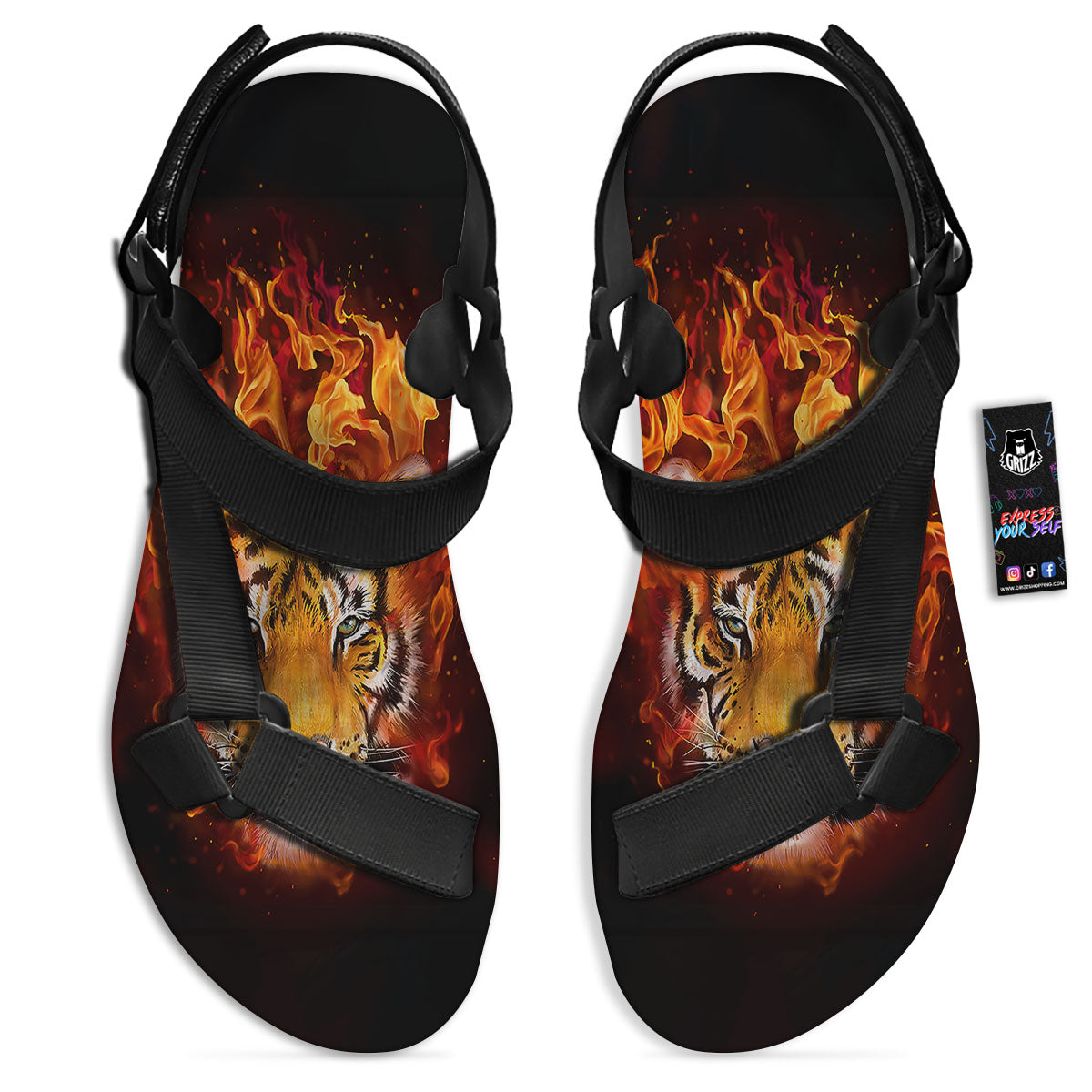 Tiger Flame Print Black Open Toe Sandals-grizzshop