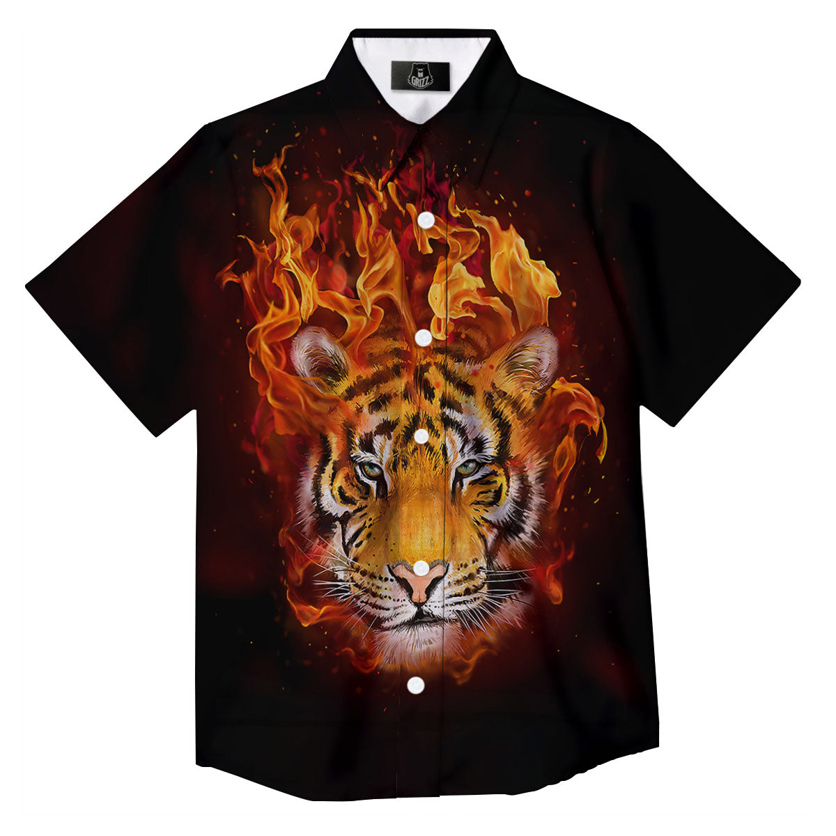 Tiger Flame Print Button Up Shirt-grizzshop