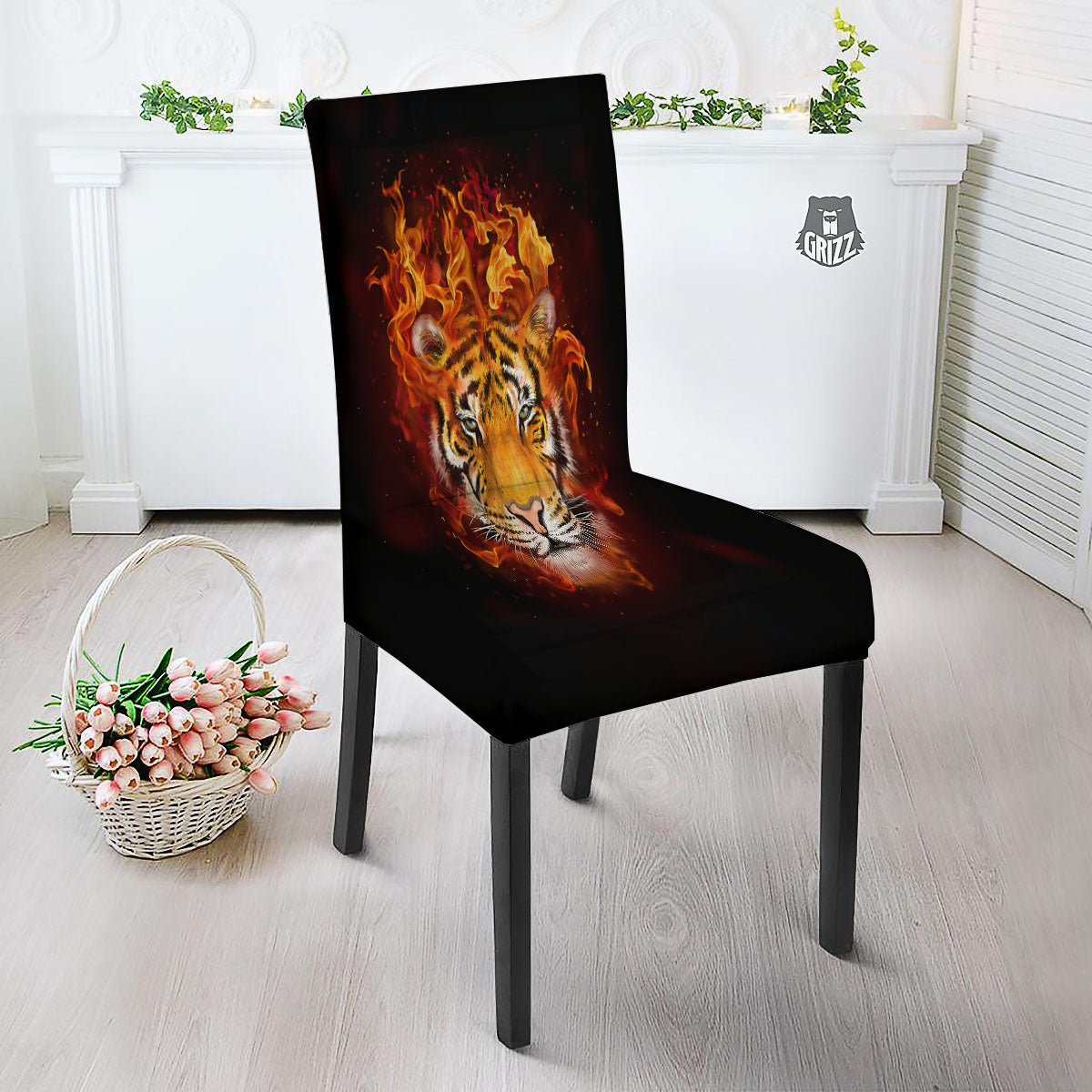 Tiger Flame Print Dining Chair Slipcover-grizzshop