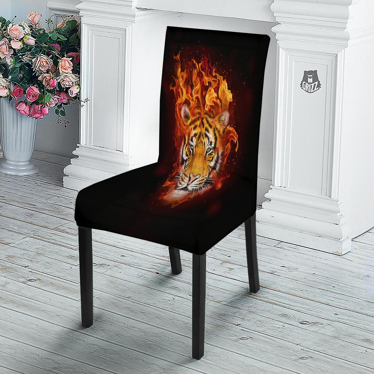 Tiger Flame Print Dining Chair Slipcover-grizzshop