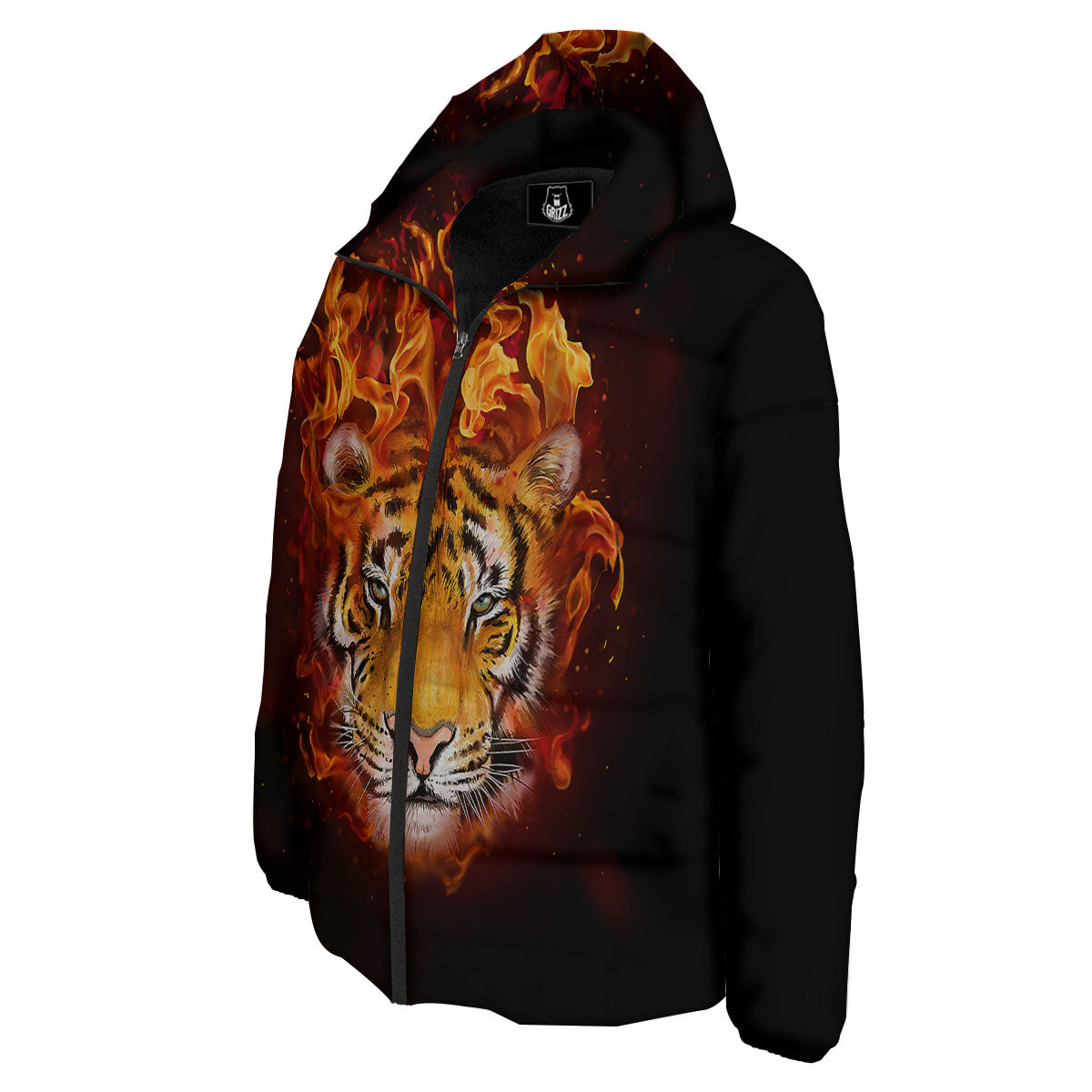 Tiger Flame Print Down Jacket-grizzshop