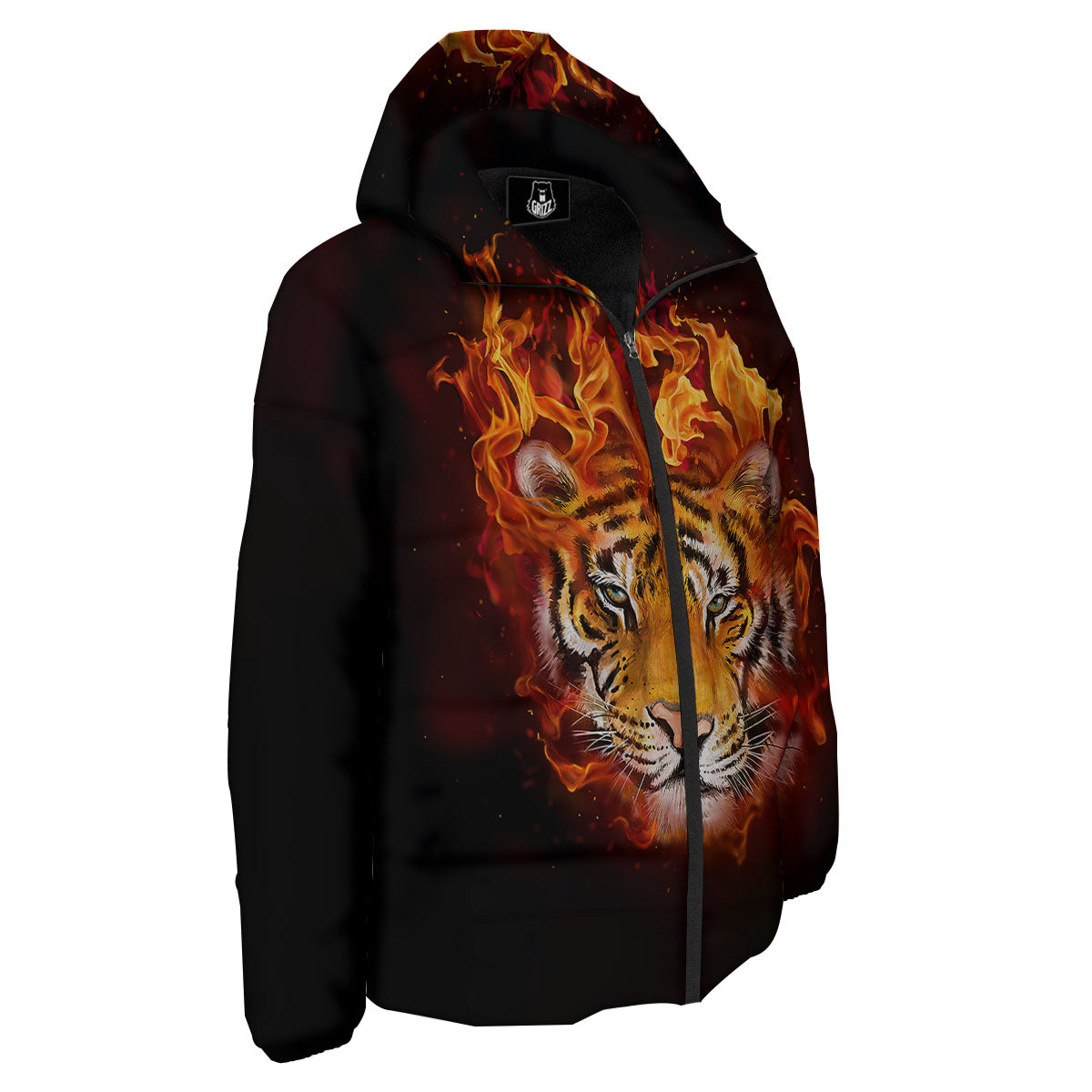 Tiger Flame Print Down Jacket-grizzshop