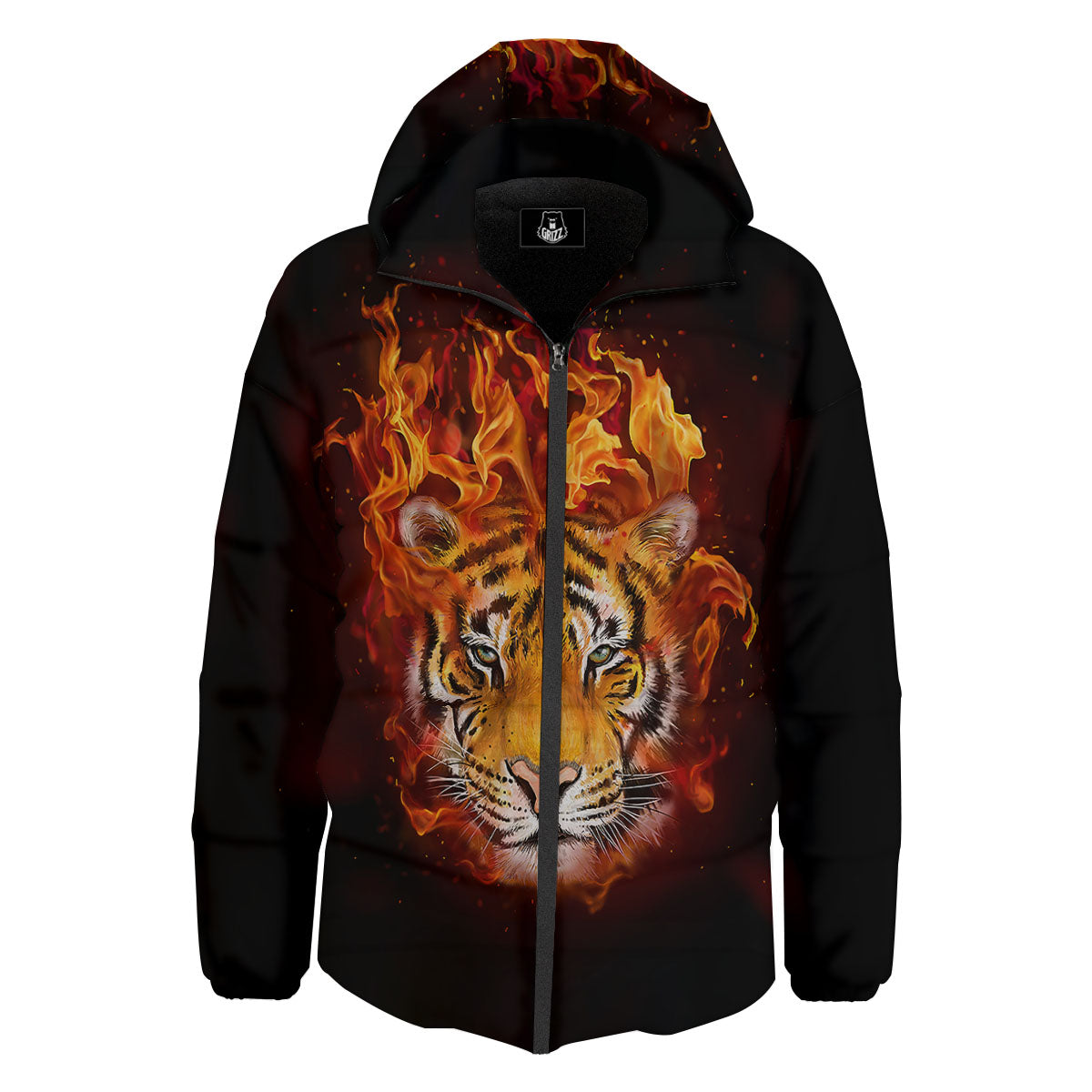 Tiger Flame Print Down Jacket-grizzshop