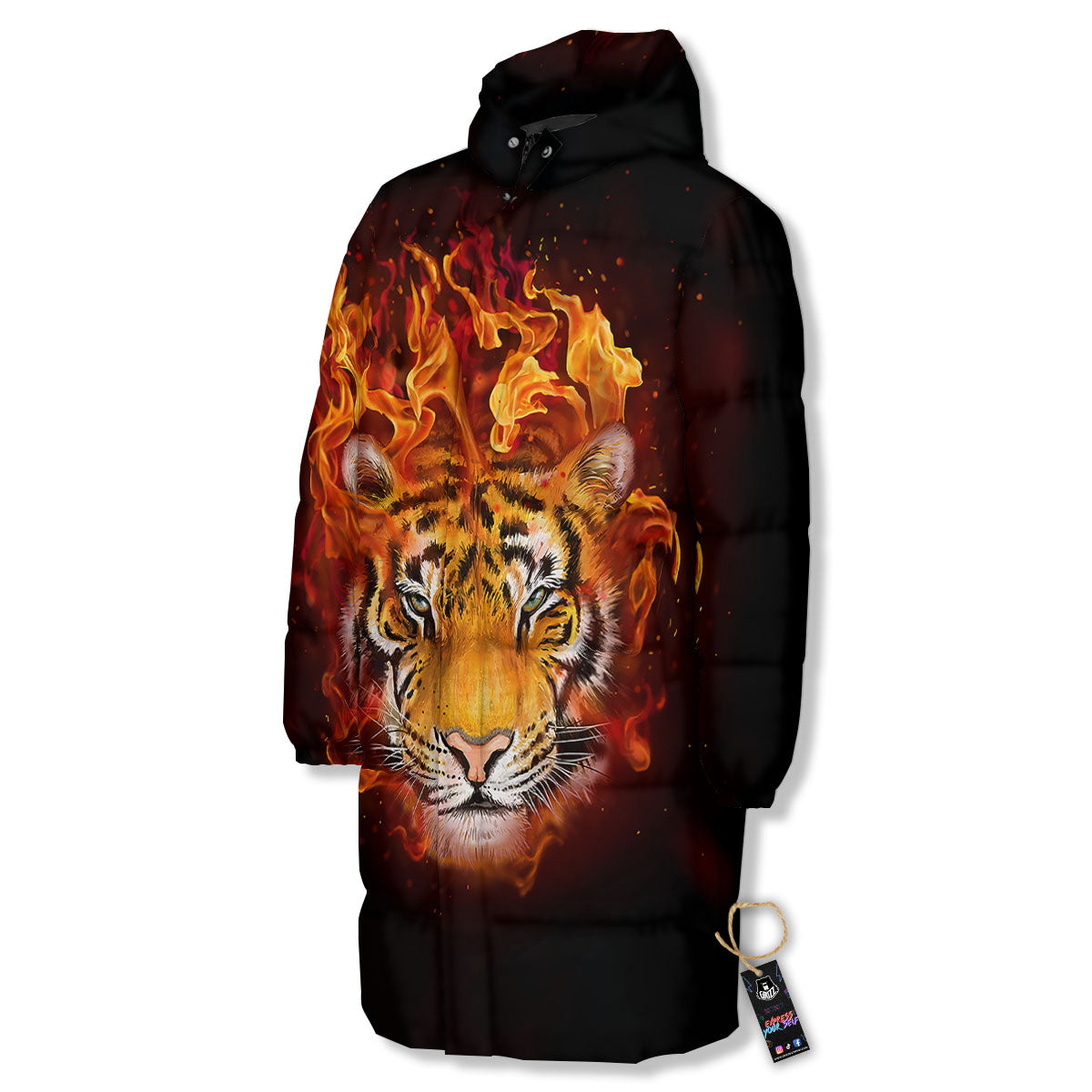 Tiger Flame Print Long Down Jacket-grizzshop