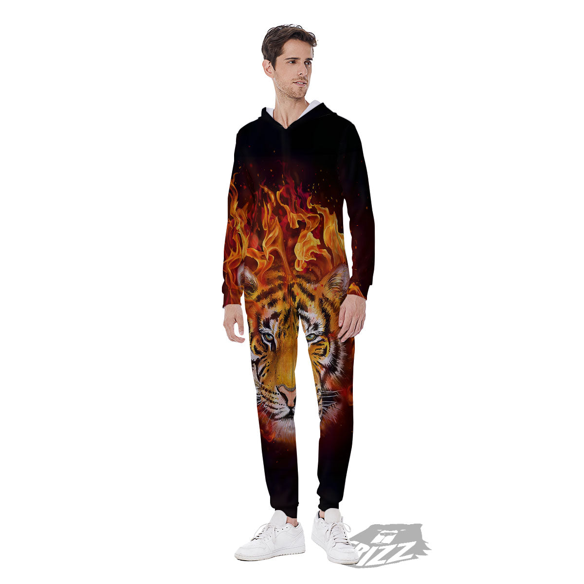 Tiger Flame Print Men's Jumpsuit-grizzshop