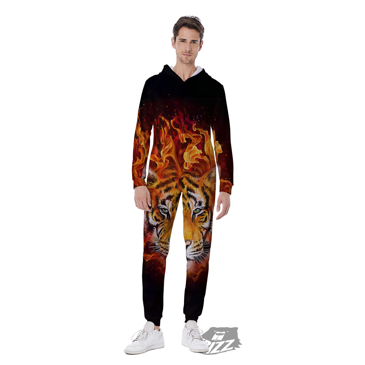 Tiger Flame Print Men's Jumpsuit-grizzshop