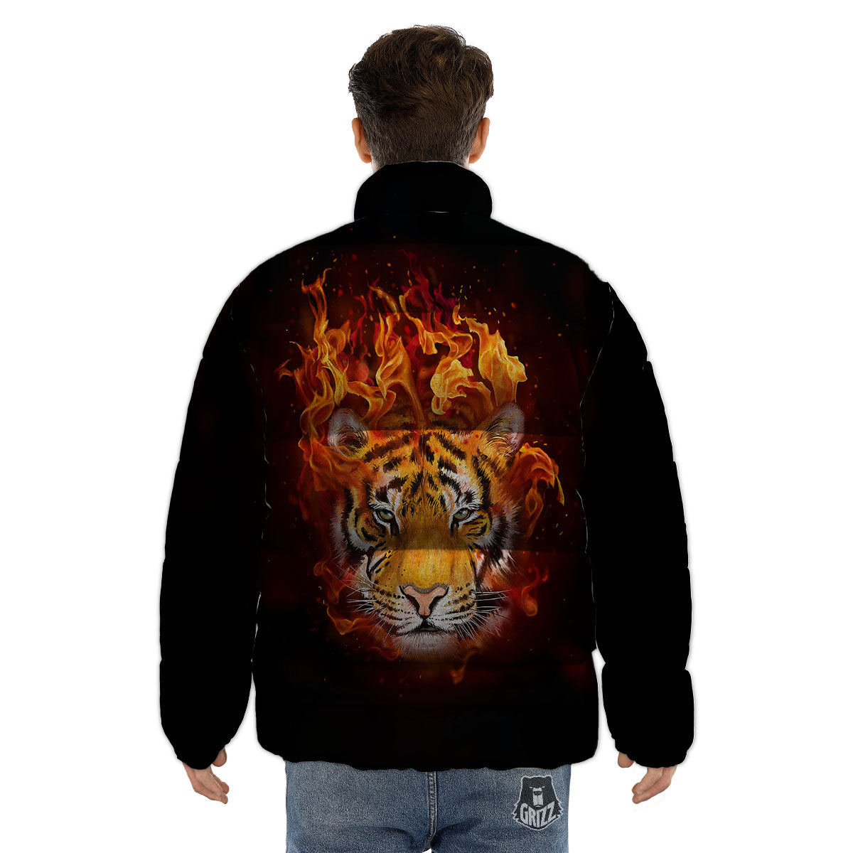 Tiger Flame Print Puffer Jacket-grizzshop
