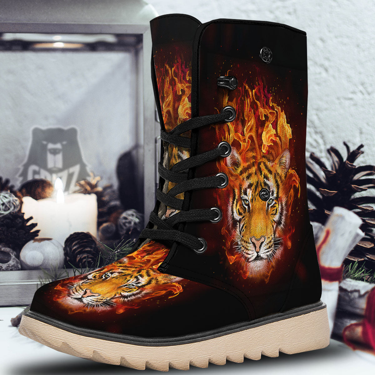 Tiger Flame Print Snow Boots-grizzshop
