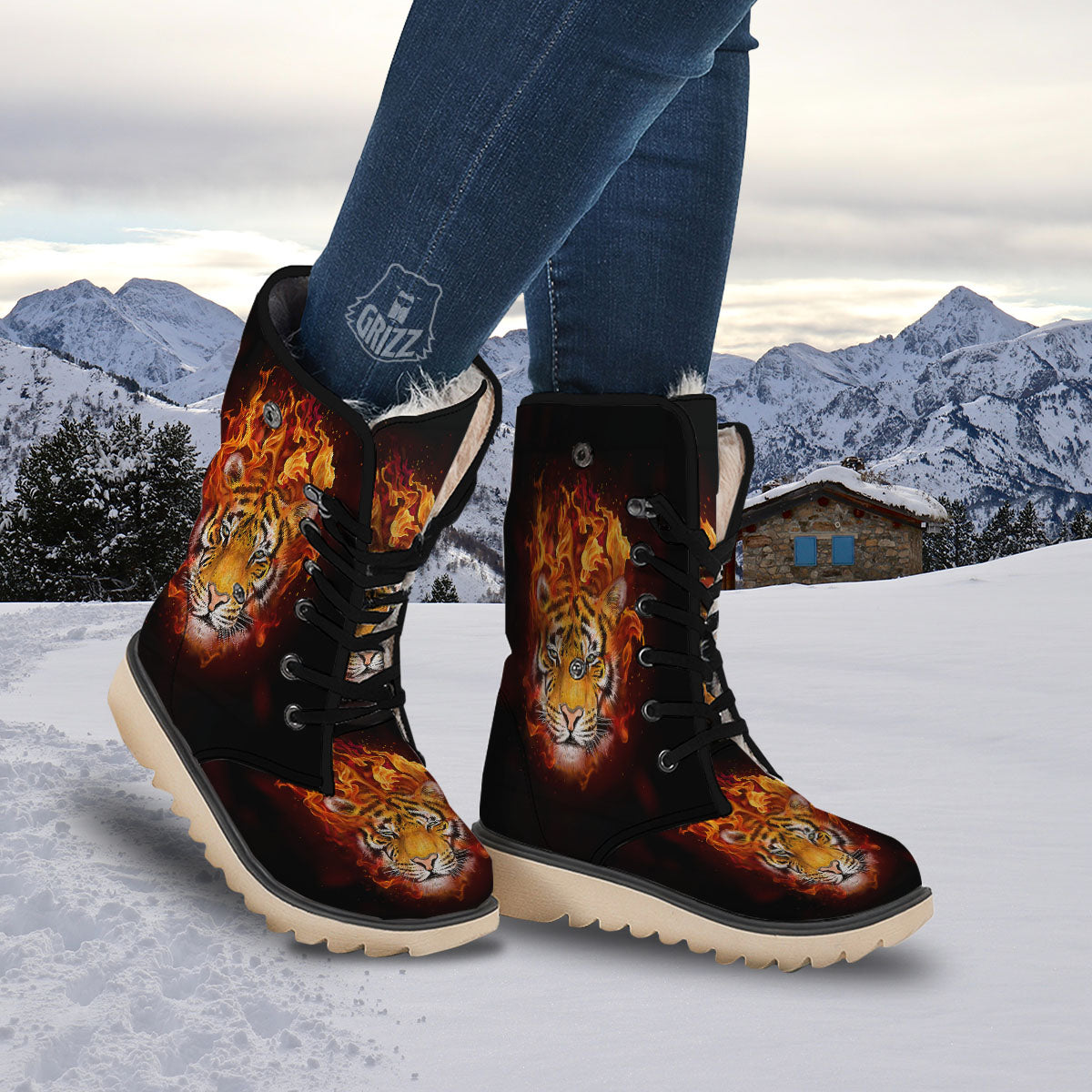 Tiger Flame Print Snow Boots-grizzshop
