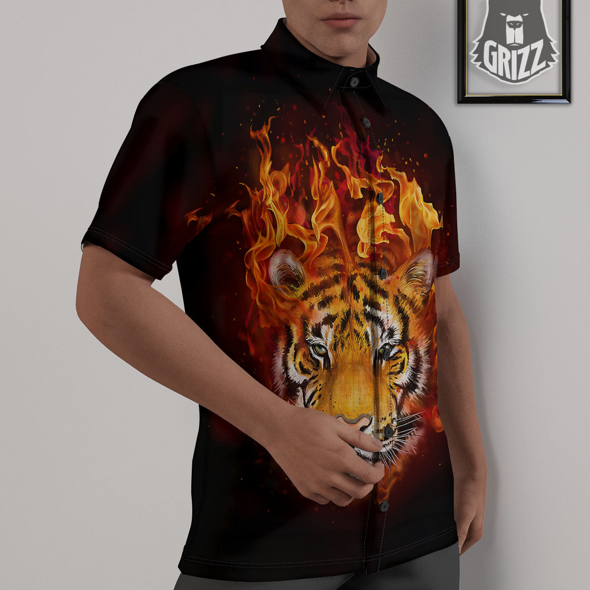 Tiger Flame Print Untucked Shirts-grizzshop