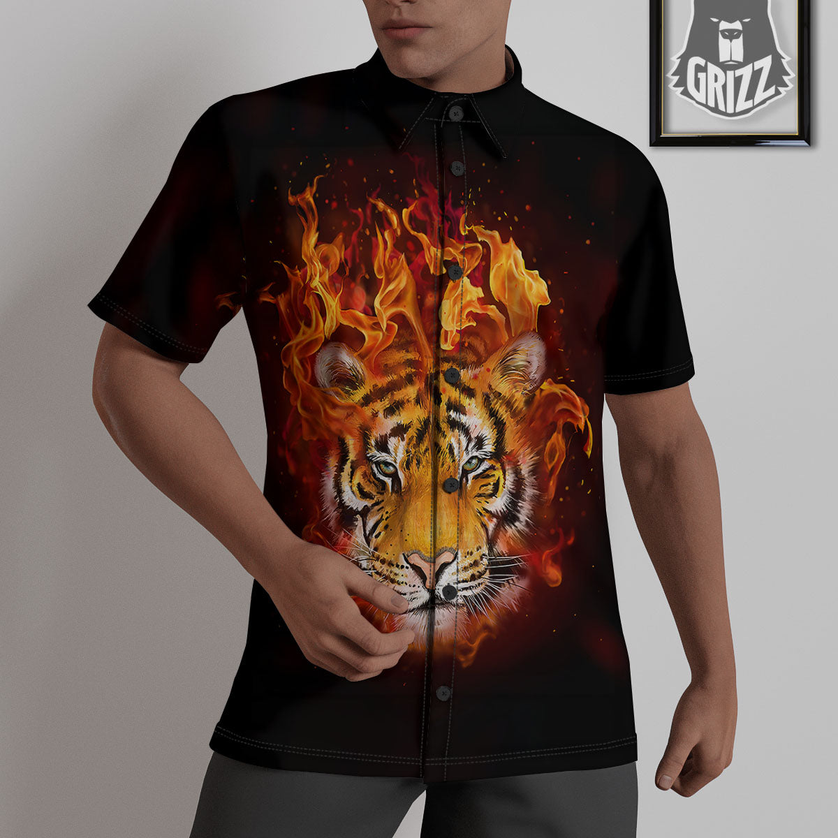 Tiger Flame Print Untucked Shirts-grizzshop