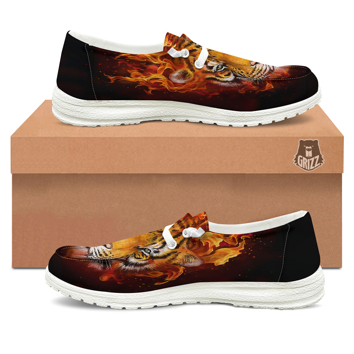 Tiger Flame Print White Loafers-grizzshop