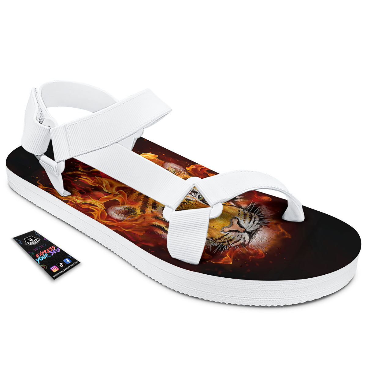 Tiger Flame Print White Open Toe Sandals-grizzshop
