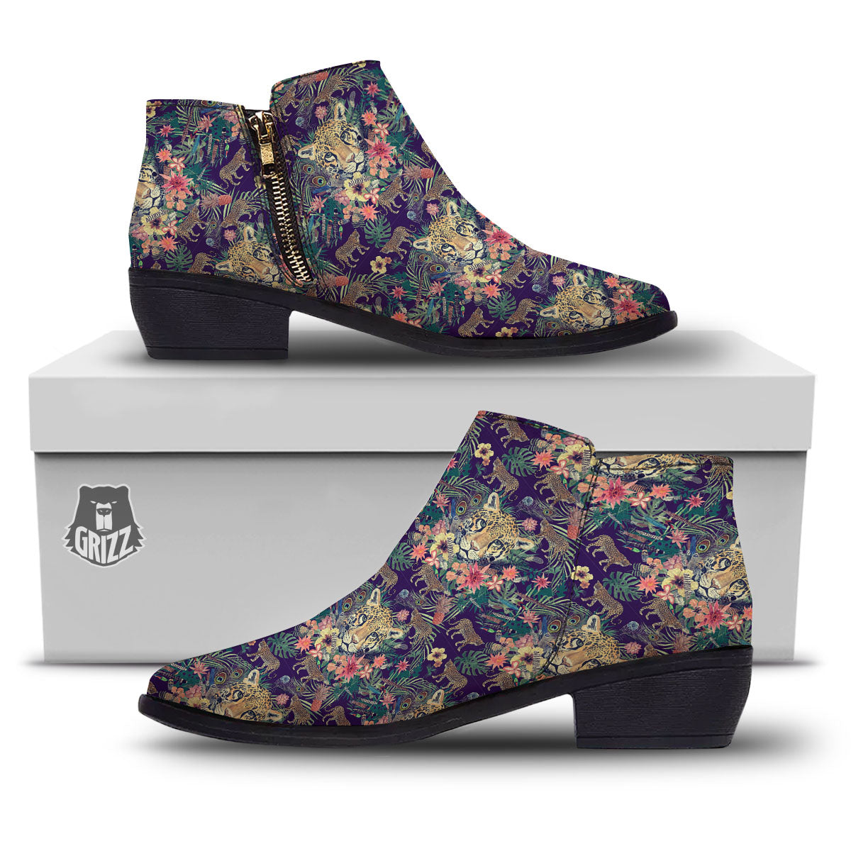 Tiger Flower And Print Pattern Ankle Boots-grizzshop