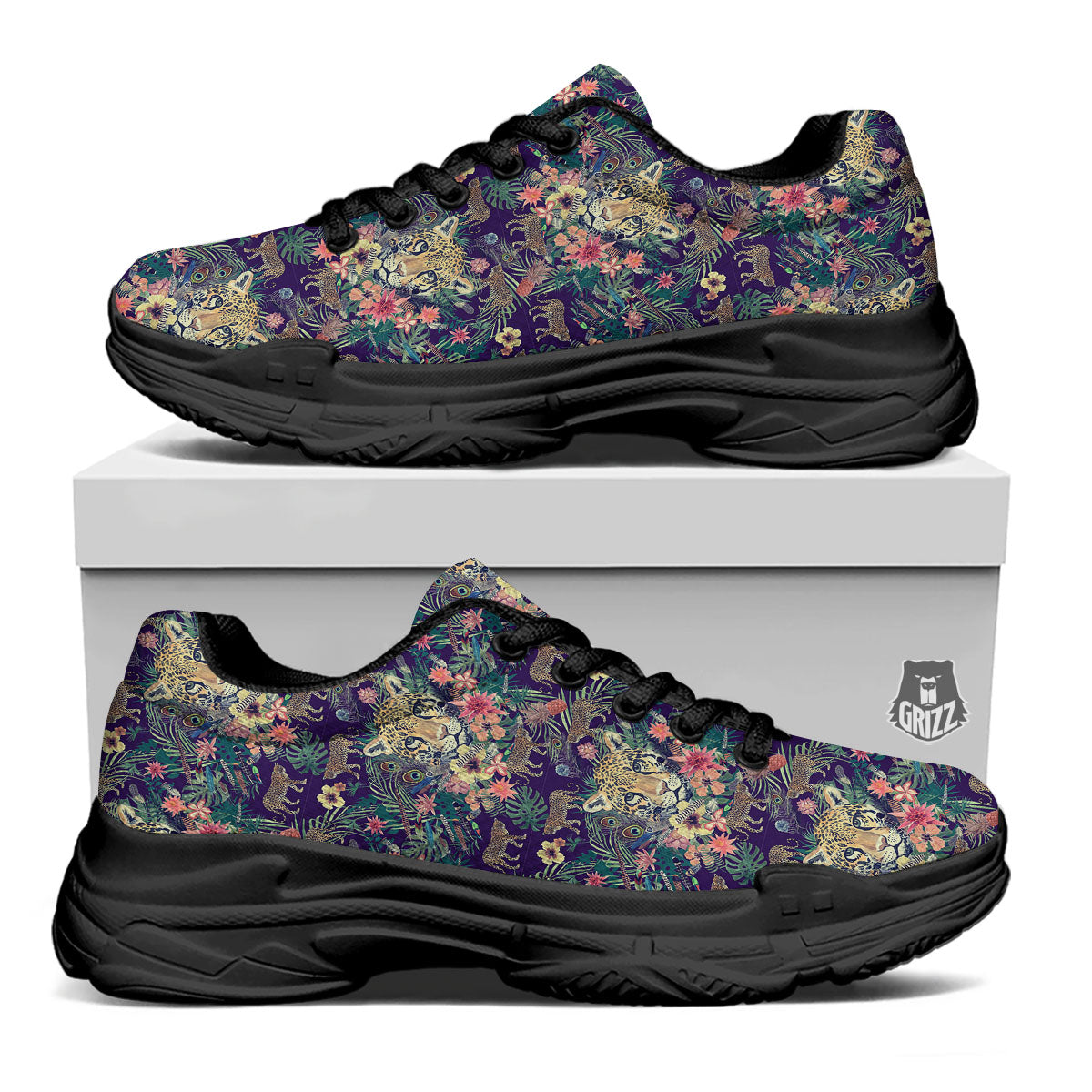 Tiger Flower And Print Pattern Black Chunky Shoes-grizzshop