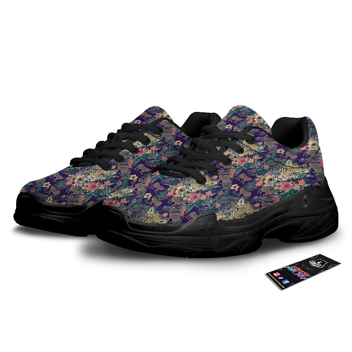 Tiger Flower And Print Pattern Black Chunky Shoes-grizzshop
