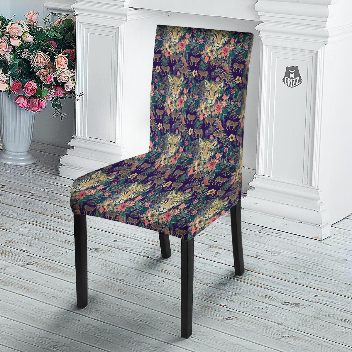 Tiger Flower And Print Pattern Dining Chair Slipcover-grizzshop