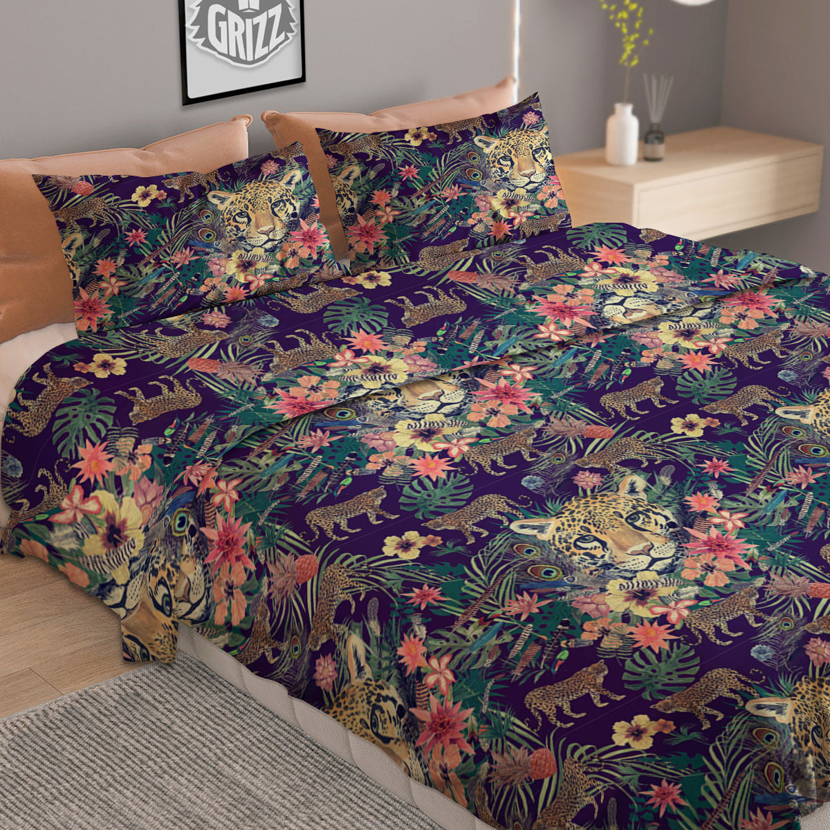 Tiger Flower And Print Pattern Duvet Cover Bedding Set