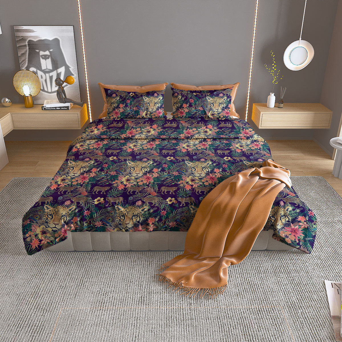 Tiger Flower And Print Pattern Duvet Cover Bedding Set