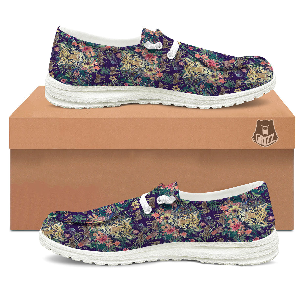 Tiger Flower And Print Pattern White Loafers-grizzshop