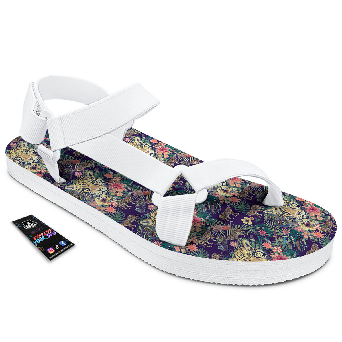 Tiger Flower And Print Pattern White Open Toe Sandals-grizzshop