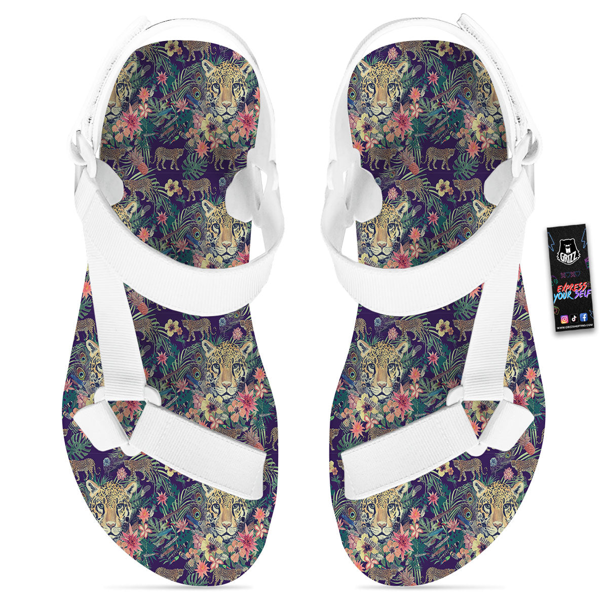 Tiger Flower And Print Pattern White Open Toe Sandals-grizzshop