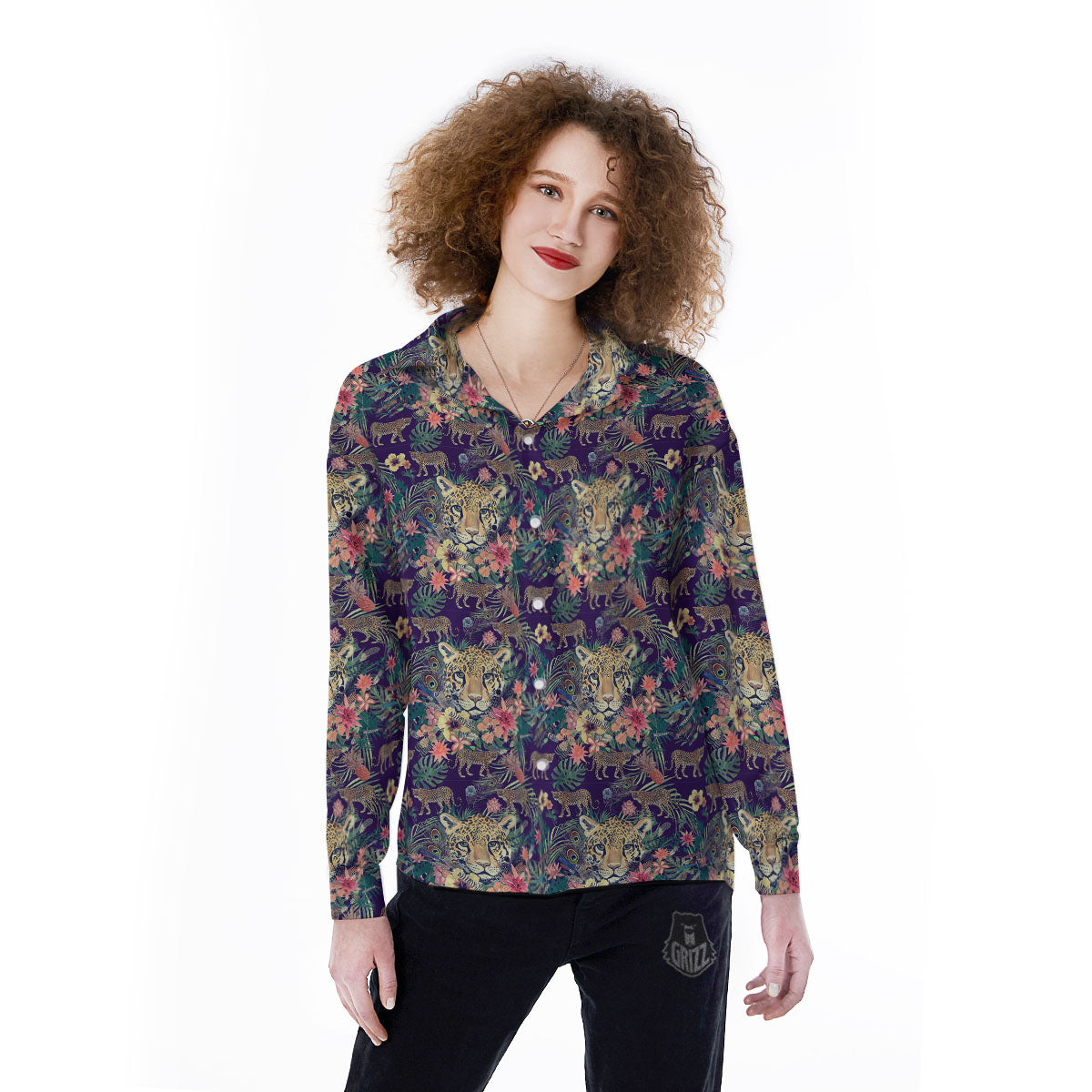 Tiger Flower And Print Pattern Women's Long Sleeve Shirts-grizzshop