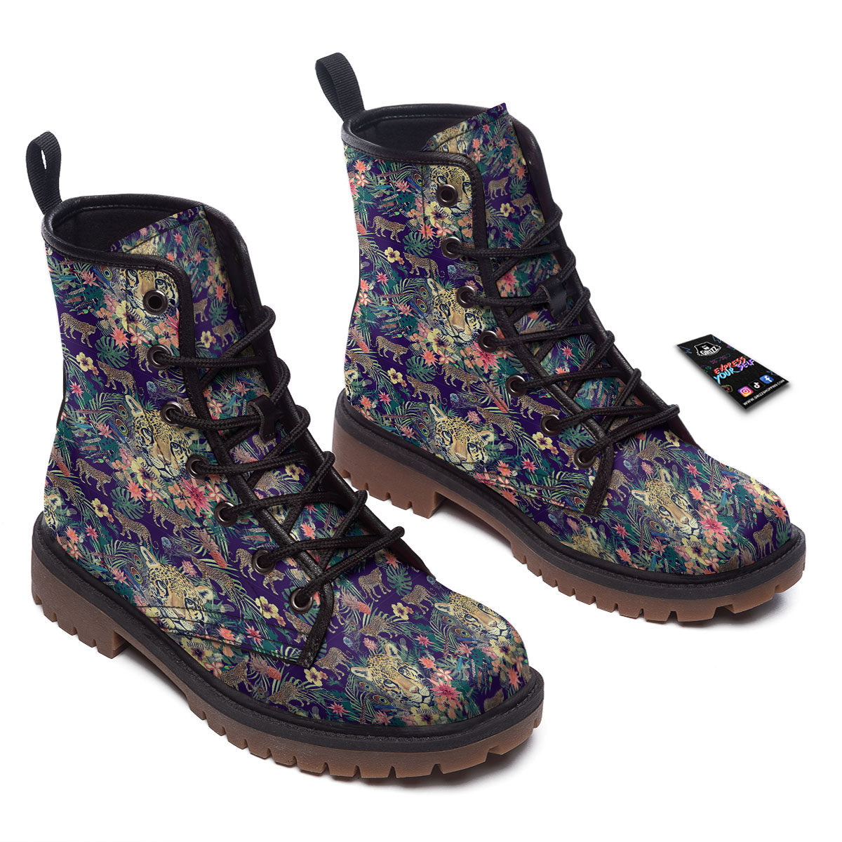 Tiger Flower And Print Pattern Work Boots-grizzshop