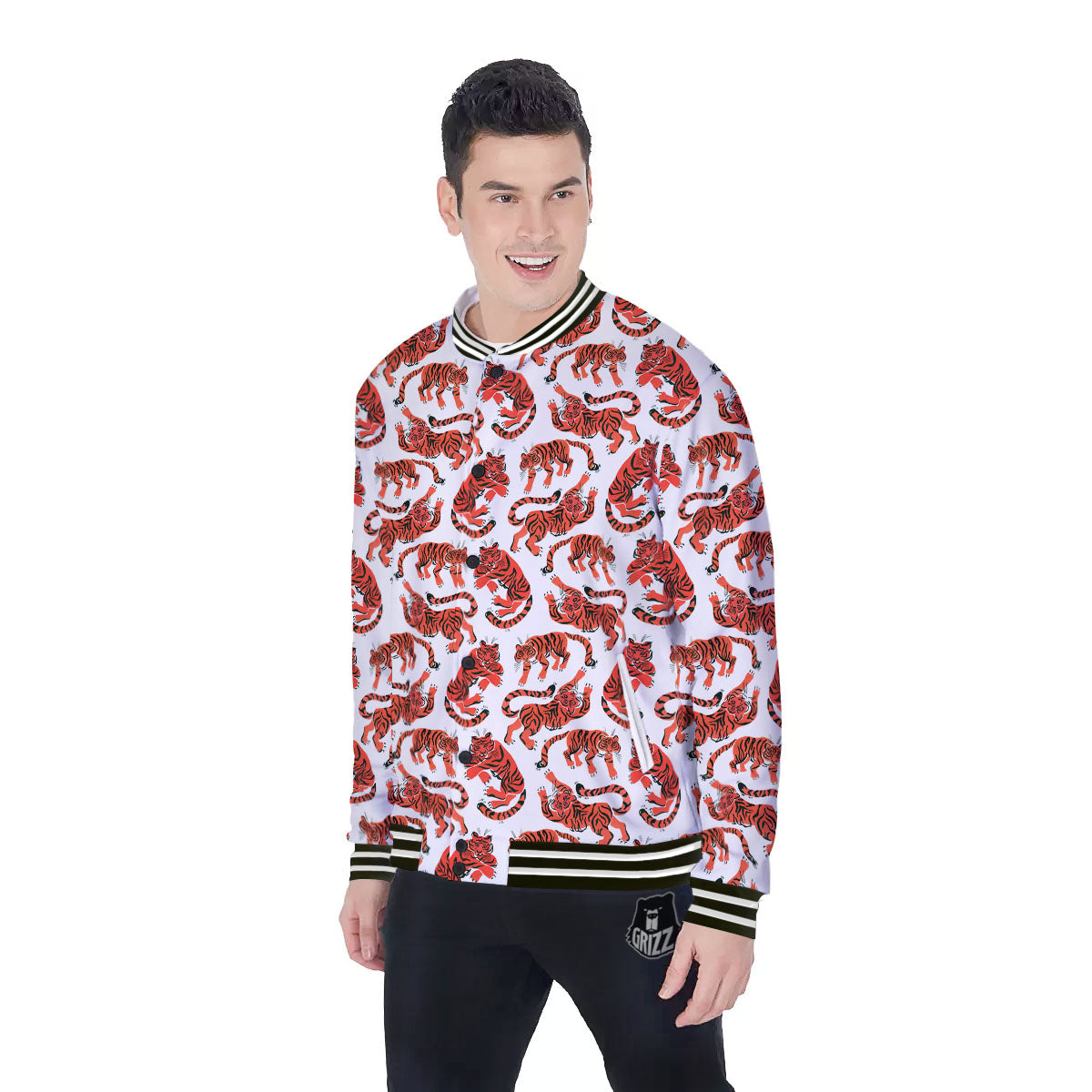 Tiger Gouache Print Pattern Baseball Jacket-grizzshop