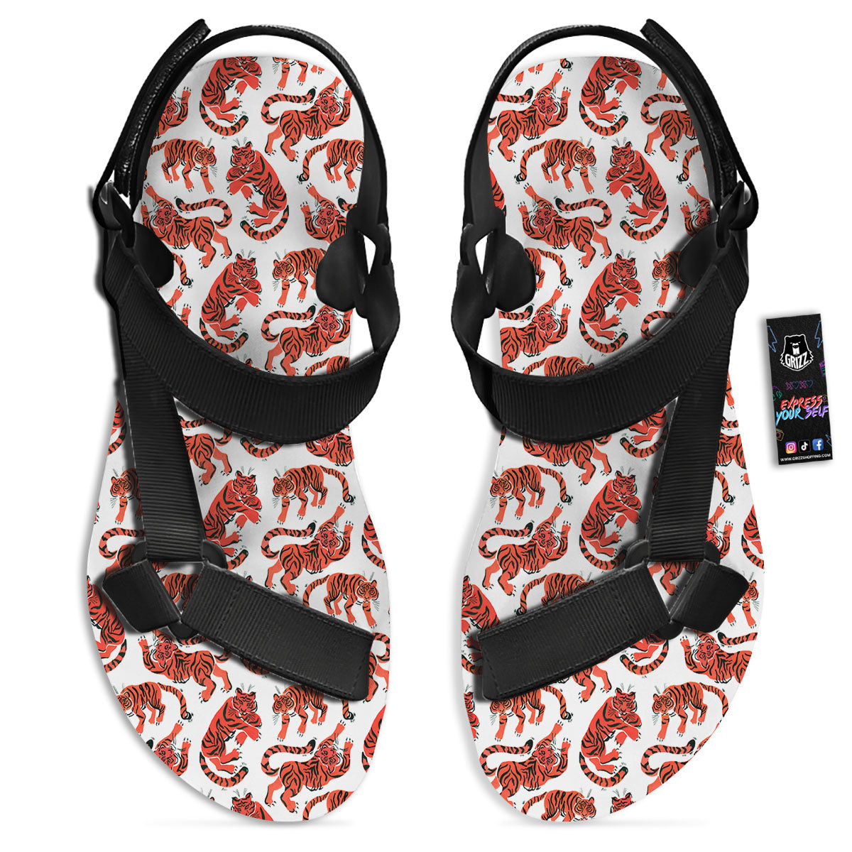 Tiger Gouache Print Pattern Black Open Toe Sandals-grizzshop