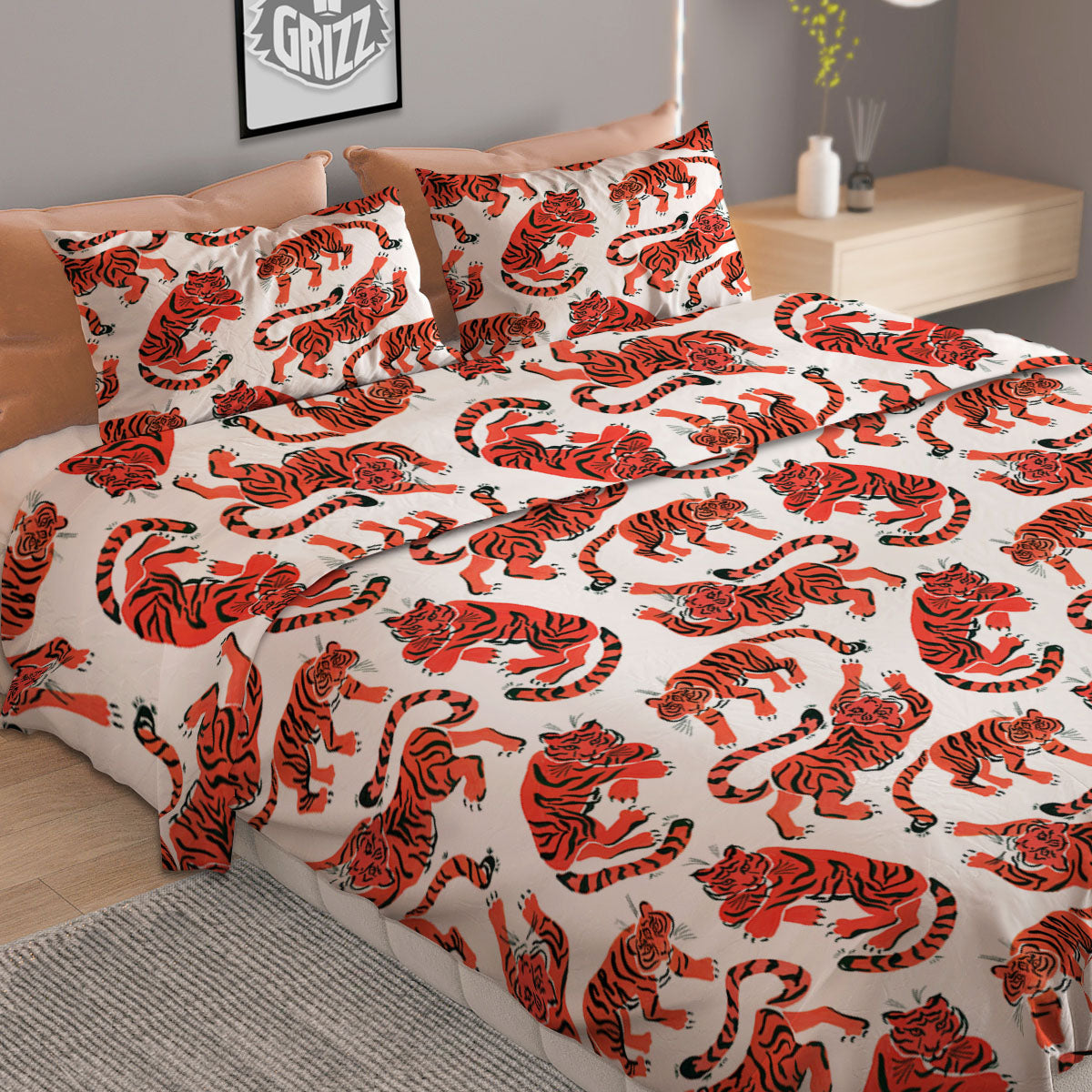 Tiger Gouache Print Pattern Duvet Cover Bedding Set