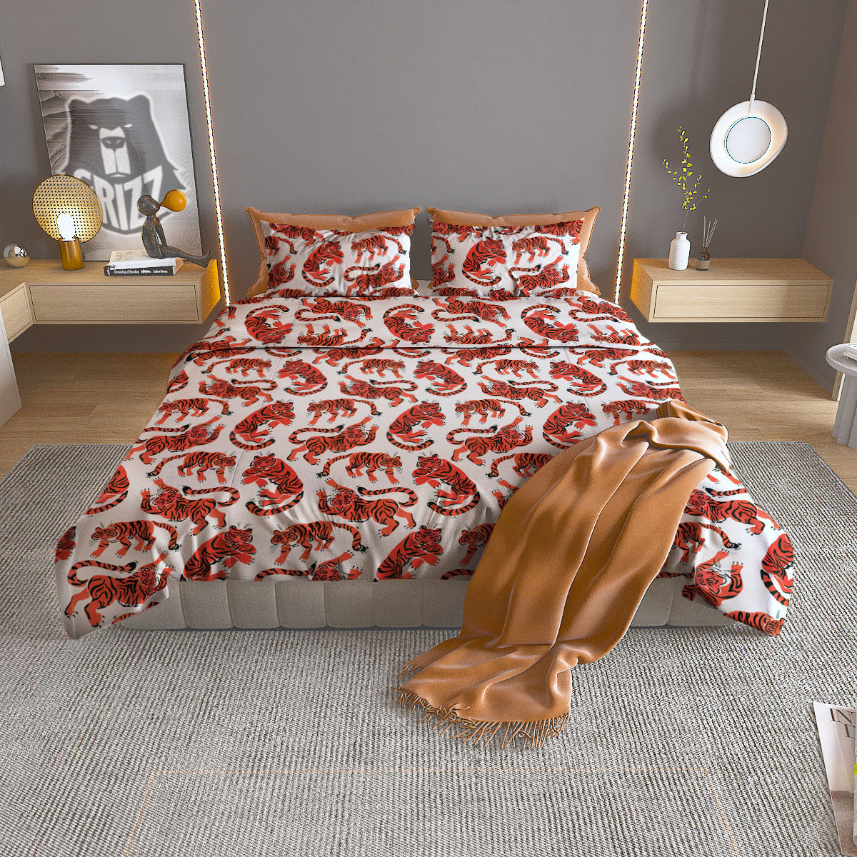 Tiger Gouache Print Pattern Duvet Cover Bedding Set