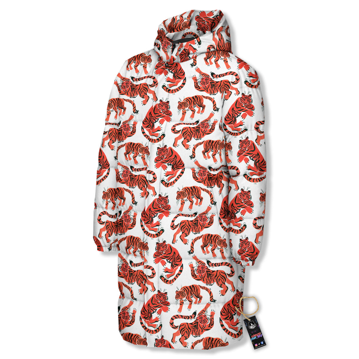 Tiger Gouache Print Pattern Long Down Jacket-grizzshop