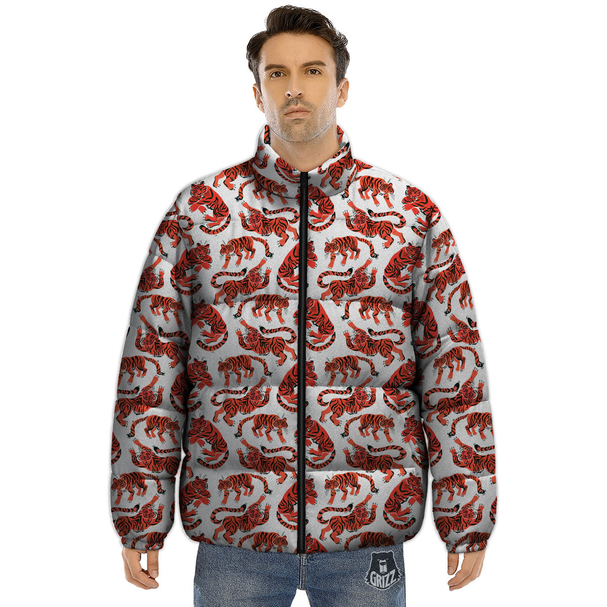 Tiger Gouache Print Pattern Puffer Jacket-grizzshop