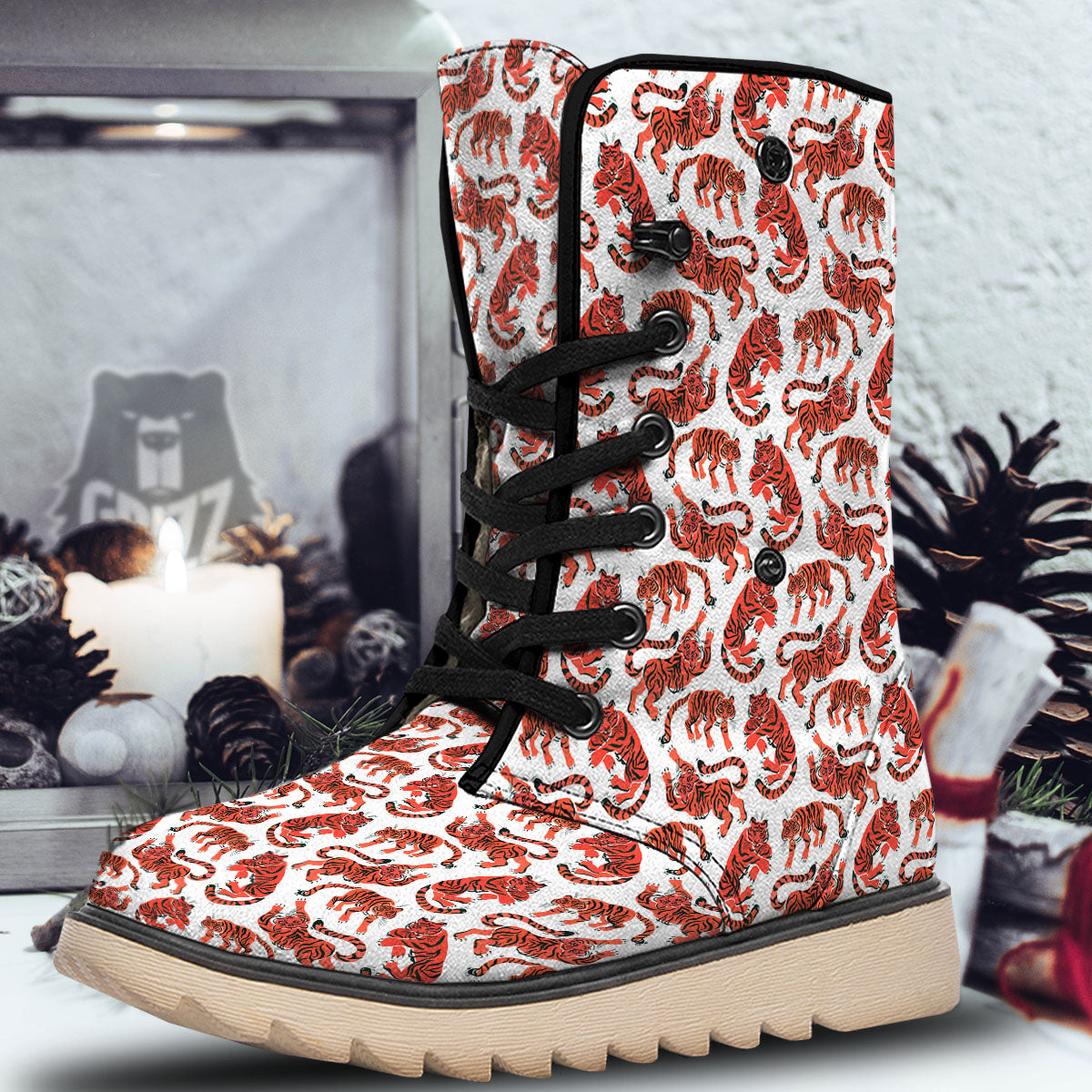 Tiger Gouache Print Pattern Snow Boots-grizzshop