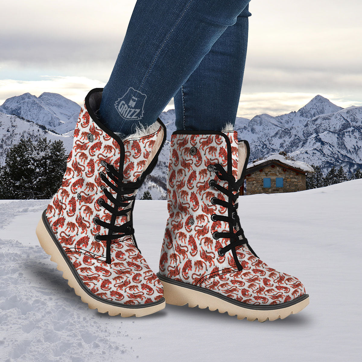 Tiger Gouache Print Pattern Snow Boots-grizzshop