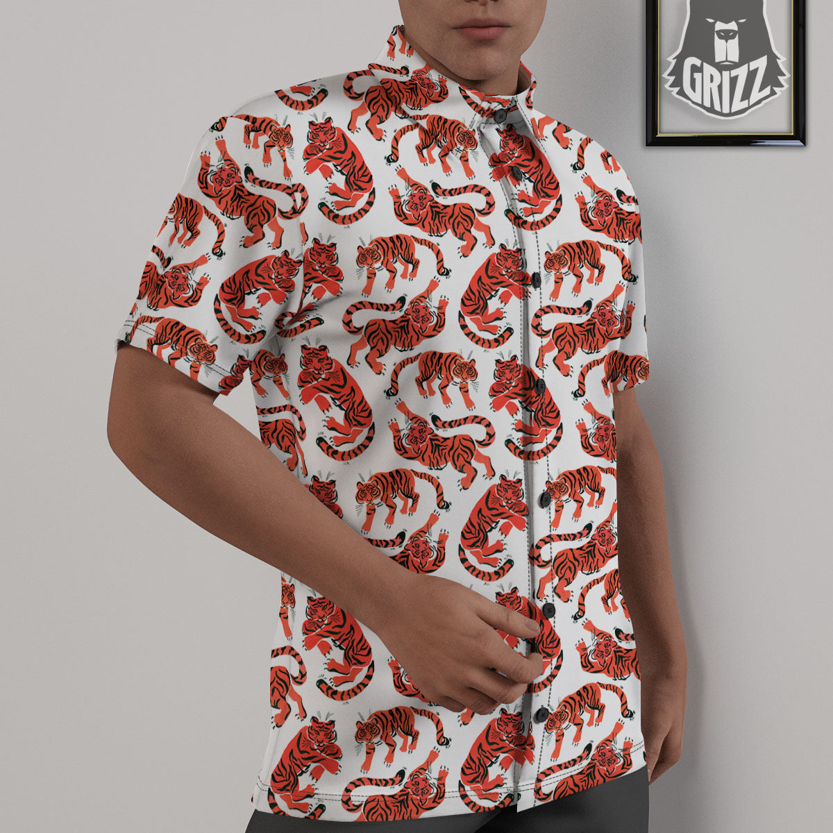 Tiger Gouache Print Pattern Untucked Shirts-grizzshop