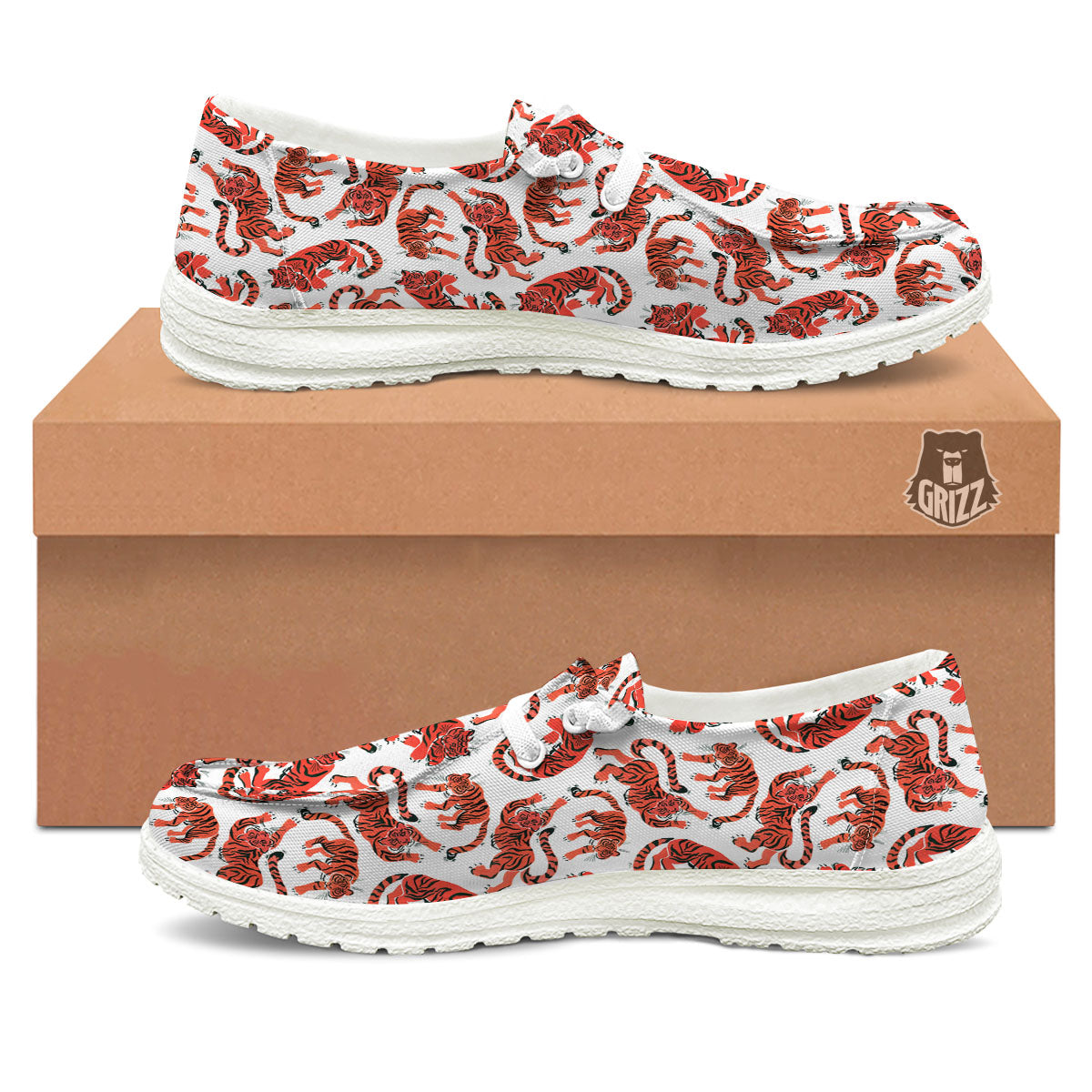 Tiger Gouache Print Pattern White Loafers-grizzshop