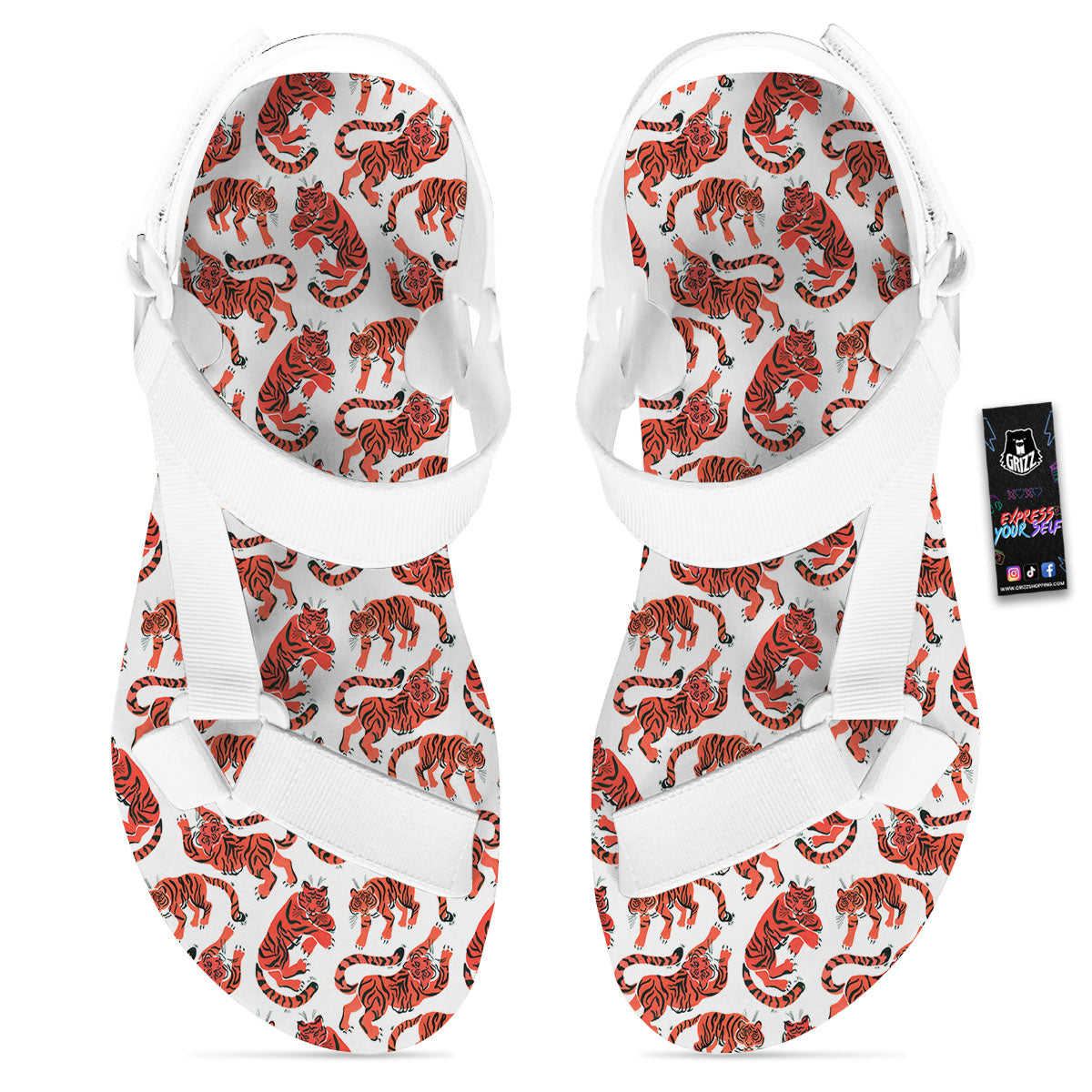 Tiger Gouache Print Pattern White Open Toe Sandals-grizzshop