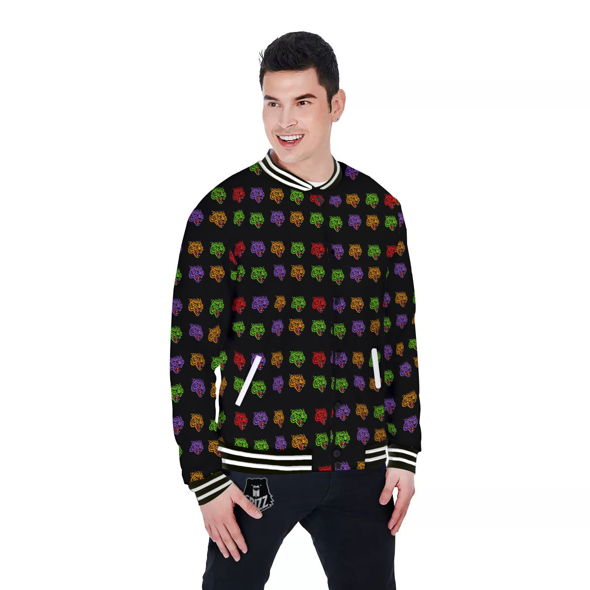 Tiger Head Colorful Print Pattern Baseball Jacket-grizzshop
