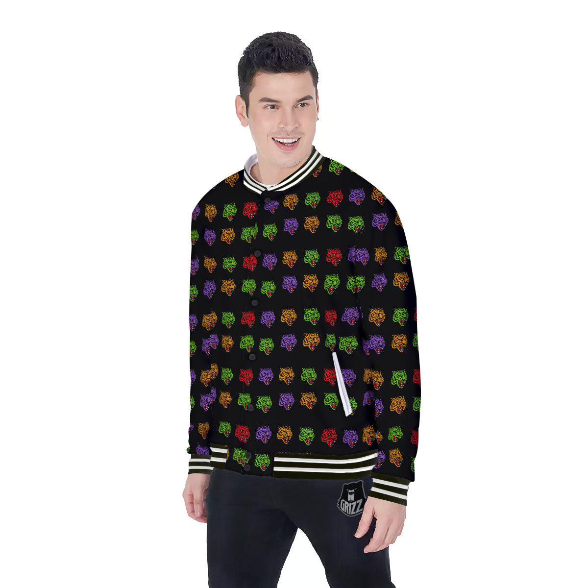 Tiger Head Colorful Print Pattern Baseball Jacket-grizzshop