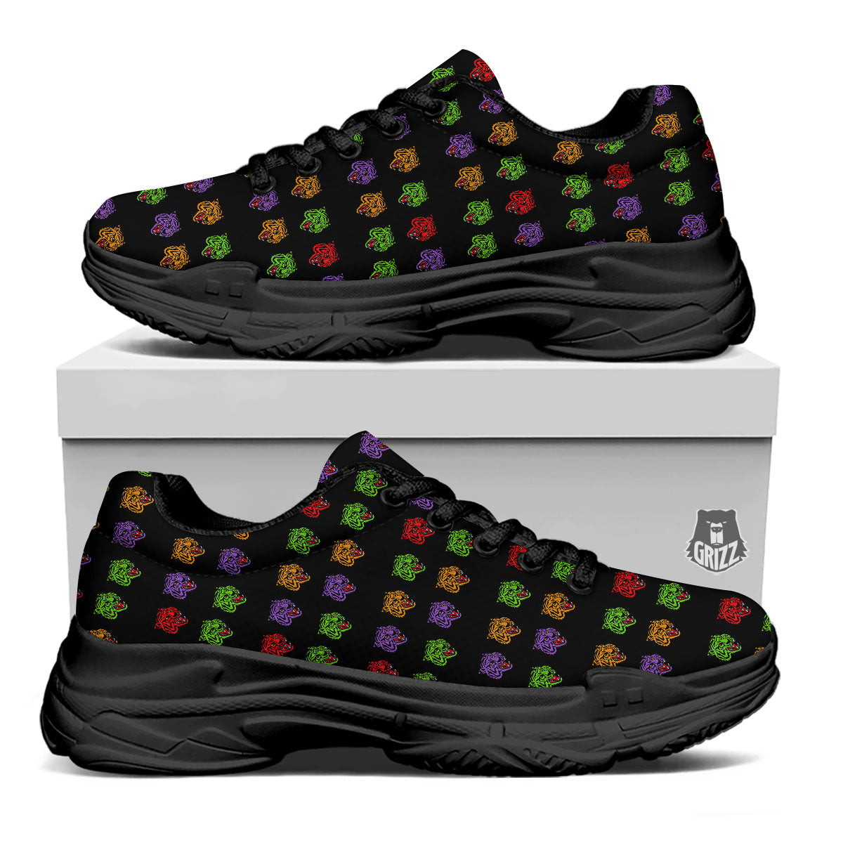 Tiger Head Colorful Print Pattern Black Chunky Shoes-grizzshop